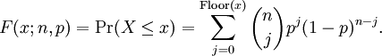 F(x;n,p) = \Pr(X \le x) = \sum_{j=0}^{\operatorname{Floor}(x)} {n\choose j}p^j(1-p)^{n-j}.