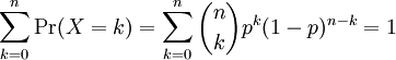  \sum_{k=0}^n \operatorname{Pr}(X=k) = \sum_{k=0}^n {n\choose k}p^k(1-p)^{n-k} = 1