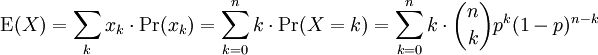 \operatorname{E}(X) = \sum_k x_k \cdot \operatorname{Pr}(x_k) = \sum_{k=0}^n k \cdot \operatorname{Pr}(X=k)

= \sum_{k=0}^n k \cdot {n\choose k}p^k(1-p)^{n-k}