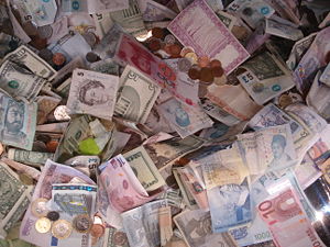 Banknotes from all around the world donated by visitors to the British Museum, London.