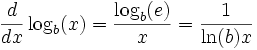 \frac{d}{dx}\log_b(x) = \frac{\log_b(e)}{x} =\frac{1}{\ln(b)x} 