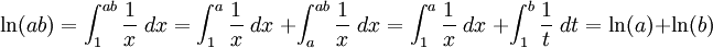 
\ln (ab) 
= \int_1^{ab} \frac{1}{x} \; dx 
= \int_1^a \frac{1}{x} \; dx \; + \int_a^{ab} \frac{1}{x} \; dx 
=\int_1^{a} \frac{1}{x} \; dx \; + \int_1^{b} \frac{1}{t} \; dt 
= \ln (a) + \ln (b)
