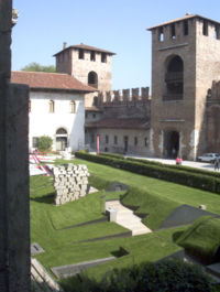 Installation art by Peter Eisenman in the courtyard of Castelvecchio Museum in Verona, Italy, Entitled: "Il giardino dei passi perduti," ("The garden of lost steps").