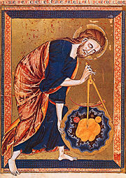 Early science, particularly geometry and astronomy/astrology, was connected to the divine for most medieval scholars. The compass in this 13th century manuscript is a symbol of God's act of creation, as many believed that there was something intrinsically divine or perfect that could be found in circles.