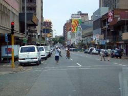 A street in central Hillbrow. Under apartheid Hillbrow was a prosperous white suburb in the city; however, it is now extremely dangerous.
