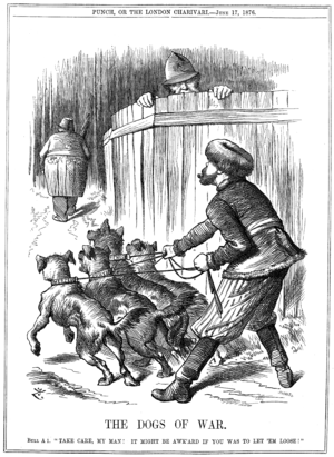 Punch cartoon from June 17. Russia preparing to let slip the Balkan "Dogs of War" to attack Turkey, while policeman John Bull (Britain) warns Russia to take care.  The Balkans would attack Turkey two weeks later.