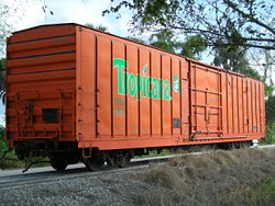 Former Tropicana refrigerator car, shortly after being donated to the Florida Gulf Coast Railroad Museum -- Palmetto, Florida.