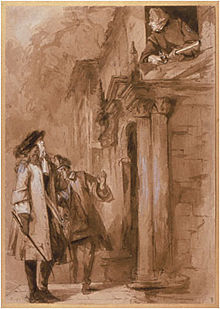 Trickster subplot in The Relapse: Tom Fashion, pretending to be Lord Foppington, parleys with Sir Tunbelly Clumsey in a 19th-century illustration by William Powell Frith.