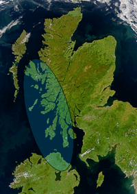 Satellite image of northern Britain and  Ireland showing the approximate area of Dál Riata (shaded). The mountainous spine which separates the east and west coasts of Scotland can be seen.