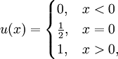  u(x) =
  \begin{cases} 0,           & x < 0
             \\ \frac{1}{2}, & x = 0
             \\ 1,           & x > 0,
  \end{cases}
