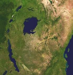 The Greater Lakes and the East African coastline as seen from space. The Indian Ocean can be seen to the right.