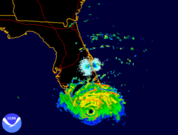 Typically, eyes are easy to spot using weather radar.  This radar image of Hurricane Andrew clearly shows the eye over southern Florida.