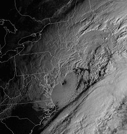 The North American blizzard of 2006, an extratropical storm, showed an eye-like structure at its peak intensity (here seen just to the east of the Delmarva Peninsula).