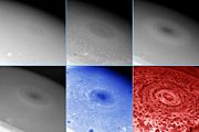 A hurricane-like storm on the south pole of Saturn displaying an eyewall tens of kilometers high