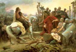 Vercingetorix surrenders to Julius Caesar after Alesia. Painting by  Lionel-Noël Royer, 1899.