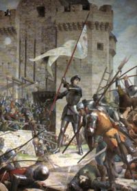 Joan of Arc at the Siege of Orleans. This French victory turned the tide of the Hundred Years' War, but the elements for the ultimate triumph were sown a few years afterward. Painting by Jules Lenepveu.
