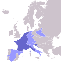 The height of the First Empire, 1811. Darker blue indicates the French Empire, lighter blue shows areas under French control.