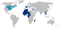 Map of the first (light blue) and second (dark blue—plain and hachured) French colonial empires