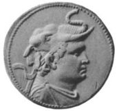 Silver coin depicting the Greek king Demetrius I of Bactria wearing an elephant scalp, symbol of his conquest of India in 180 BCE.