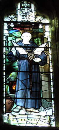 Stained glass window showing Eilmer, installed in Malmesbury Abbey in 1920 in memory of Rev. Canon C. D. H. McMillan, Vicar of Malmesbury from 1907 to 1919