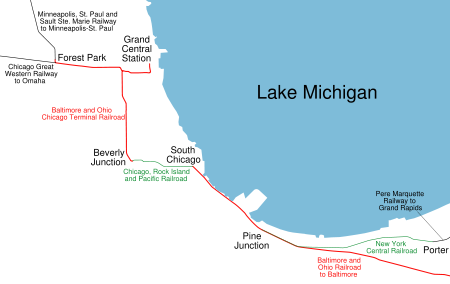 Trains to Grand Central Station ran over the Baltimore and Ohio Chicago Terminal Railroad. Notice the circuitous route taken by trains from the east to the station, including a nearly seven mile (eleven kilometer) detour along Rock Island Line trackage.