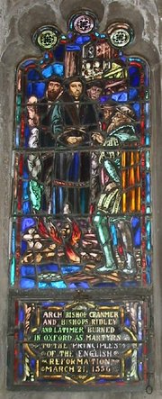 Stained glass window depicting martyrdom of Cranmer, Ridley. and Latimer - Christ Church (Episcopal), Little Rock, Arkansas
