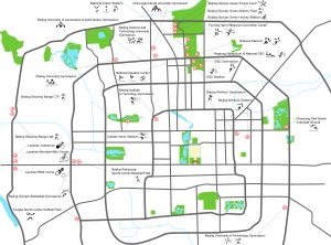 A map of the Olympic venues in Beijing. Several expressways encircle the center of the city, providing for quick transportation around the city and between venues.