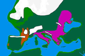Europe about 20,000 years ago, showing coastline, extent of Ice caps and regions where refugia are thought to have been situated. Coloured areas are the furthest extent of known human activity between 15 kya and 20 kya.      Solutrean and Proto Solutrean Cultures      Epi Gravettian Culture