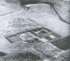 Yarralumla nursery from the air with the Molonglo River in the background, taken in 1923