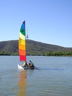 Maricat on West Basin, Lake Burley Griffin with Black Mountain Tower in the background.