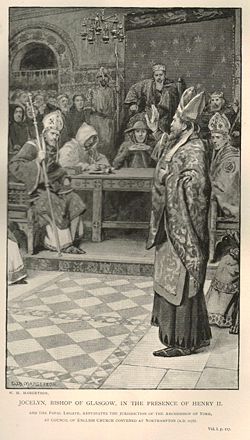 A 19th-century artist's depiction of Jocelin's confrontation with the Archbishop of York in the presence of King Henry II at Northampton