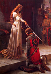 A painting by Edmund Leighton depicting a fictional scene of a knight receiving the accolade