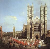 Westminster Abbey with a procession of Knights of the Bath, by Canaletto, 1749.