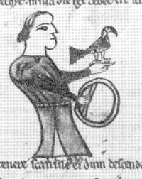 Drawing of a falconer from Peniarth 28 manuscript. Wales exported hawks.