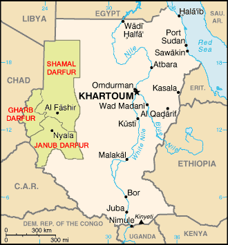 Map of Northeast Africa highlighting the Darfur region of Sudan.