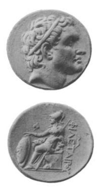 Coin struck during the reign of Attalus I, depicting the head of Attalus' great uncle Philetaerus on the obverse and seated Athena, Greek goddess of war and wisdom, on the reverse