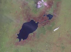Lake Edward - NASA Landsat photo of Lake Edward and Lake George showing the Kazinga Channel between them