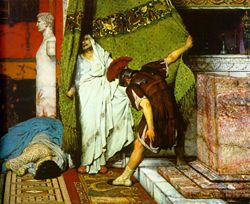 Gratus proclaims Claudius emperor. Detail from A Roman Emperor 41AD, by Lawrence Alma-Tadema. Oil on canvas, c. 1871.