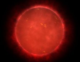 An artist's conception of a red dwarf star. Red dwarfs constitute the majority of all stars