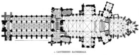 Plan of Canterbury Cathedral showing the richly complicated ribbing of the Perpendicular vaulting in the nave and transepts.