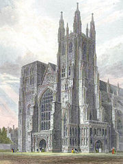 The Norman north west tower prior to demolition (coloured from an engraving, 1821).