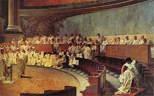 Cicero Denouncing Catiline by Cesare Maccari.One of several political conflicts in the Roman Republic during this century