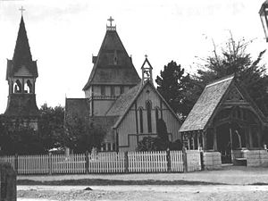 St Augustine's Church in Waimate. Mountfort's Gothic in wood, designed in 1872, has the campanile of a medieval cathedral in miniature, neighboured by the roof of a chateau, entered by the lych gate of an English parish church, all successfully harmonised into a New Zealand landscape.