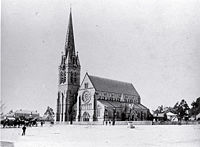 The construction of Christchurch Cathedral, designed by George Gilbert Scott, was supervised by Benjamin Mountfort who designed the spire.