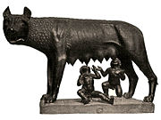 Capitoline Wolf suckles the infant twins Romulus and Remus (Etruscan bronze, c. 500 BC-480 BC).