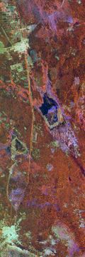 The Great Wall of China as seen in a false-color radar image from the Space Shuttle, taken in April 1994