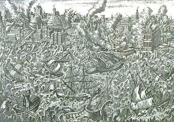 This 1755 copper engraving shows the ruins of Lisbon in flames and a tsunami overwhelming the ships in the harbor.