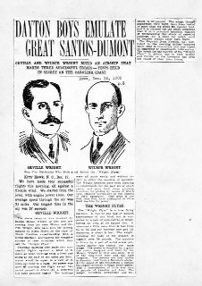 Headline from page 8 of the 18 December 1903 edition of The Dayton Daily News.  Article refers to Wright's flight's without the "gas bag" assistance of Santos-Dumont's earlier Airships.