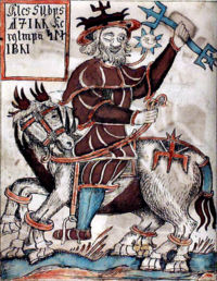 A depiction of Odin riding Sleipnir from an eighteenth century Icelandic manuscript.