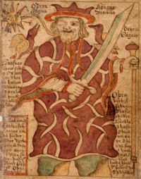 Odin with his ravens and weapons (MS SÁM 66, eighteenth century)